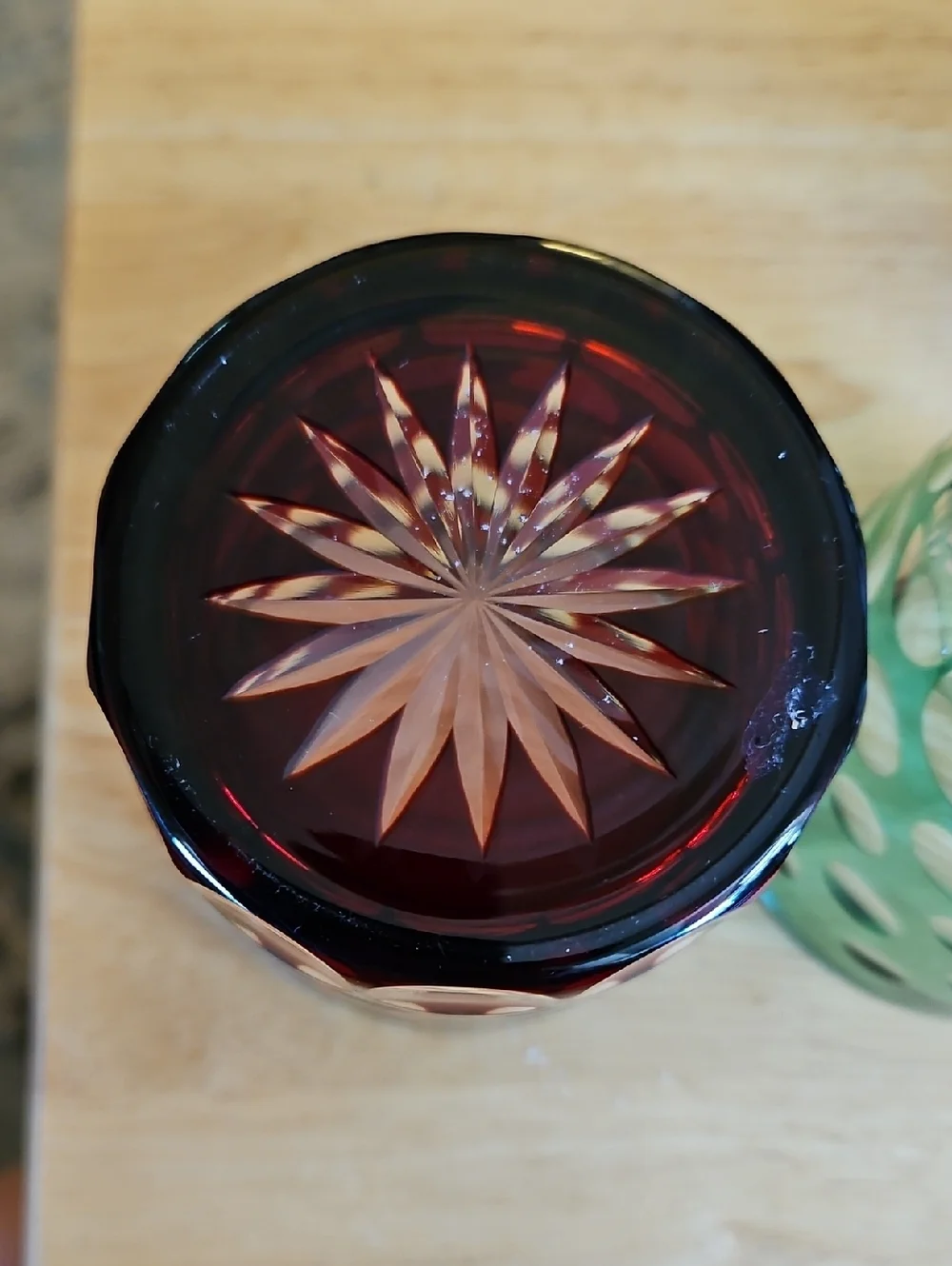 Vintage Cut Crystal Polka Dot Tumbler - Ruby Red and Green Glass Pair